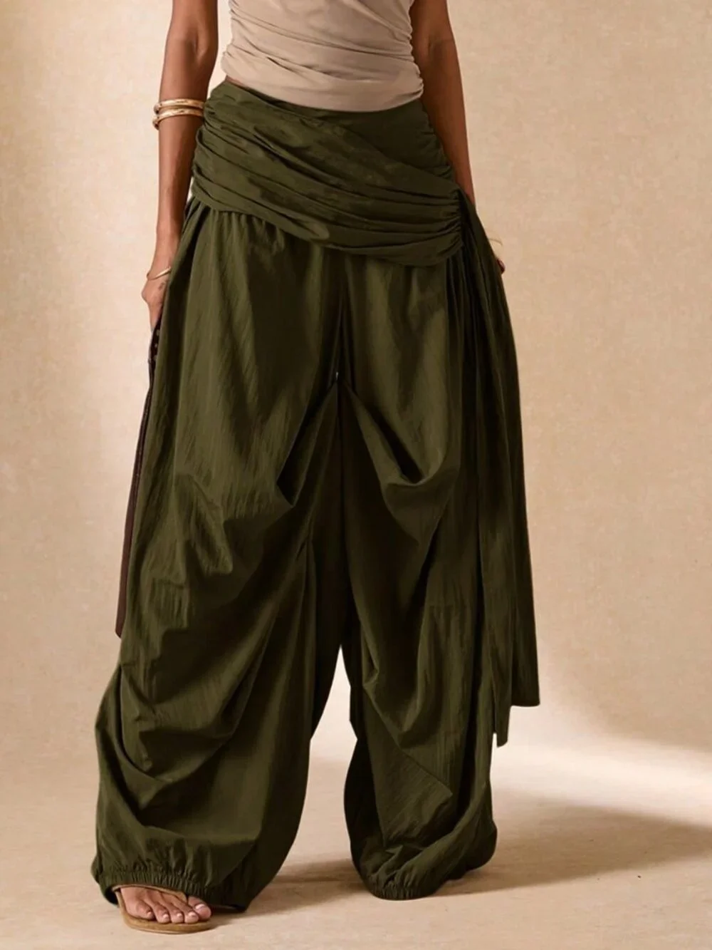 Army Green Boho Women's Pleated Wide-Leg Pants